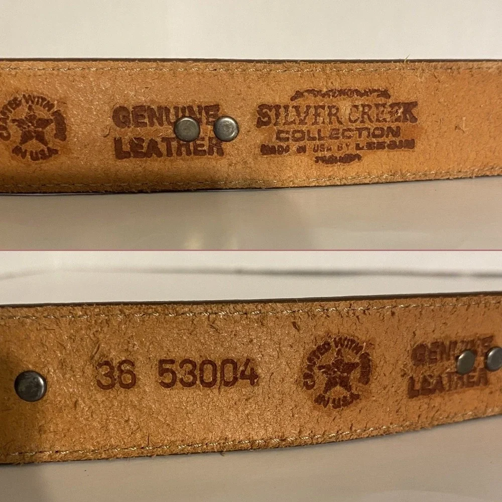 SILVER CREEK Vtg Leather Belt Size 36 Brown Western Southwestern Boho Animal USA